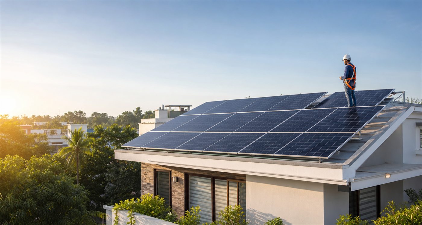 Rooftop solar panel array installed on a home at sunrise