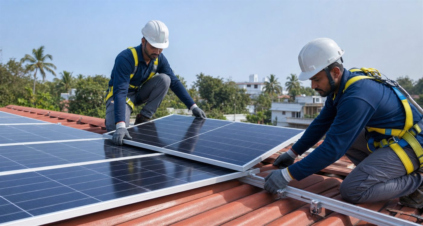 Aarunya Prakash Energy technicians mounting solar panels on a tiled roof